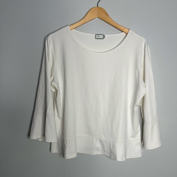 Sympli‎ the Best Women's White Bell 3/4 Sleeve Wide Crew Neck Top Size 16 - Picture 1 of 8